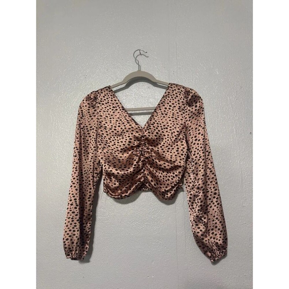 Feathers Satin Leopard Print Ruched Crop Top Blouse Pink S